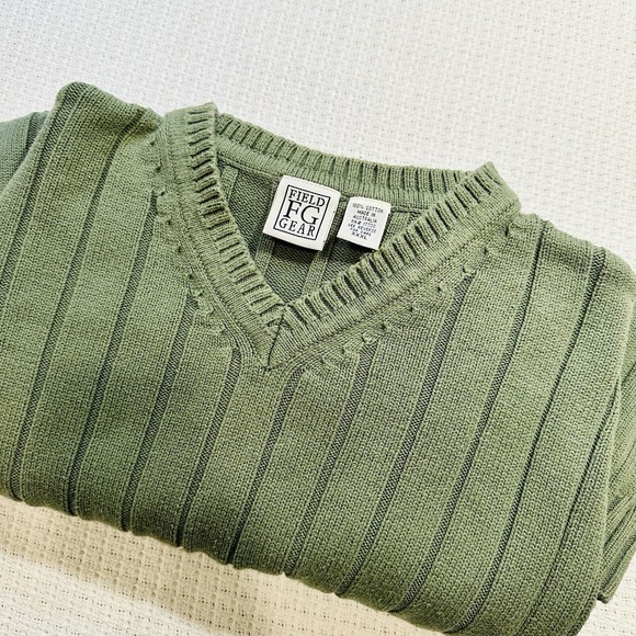 Vintage 90s Green Field Gear Men's V-Neck Ribbed Sweater 3XL Layering Preppy - Picture 4 of 13